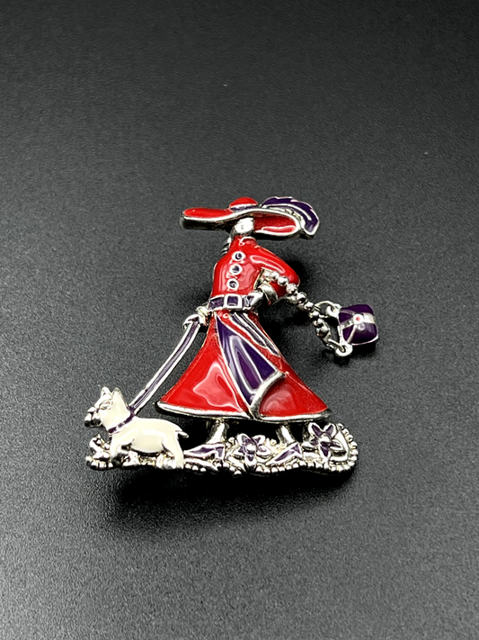 Vintage Red, Purple, White, Silver Enameled Lady With Movable Purse Brooch Pin