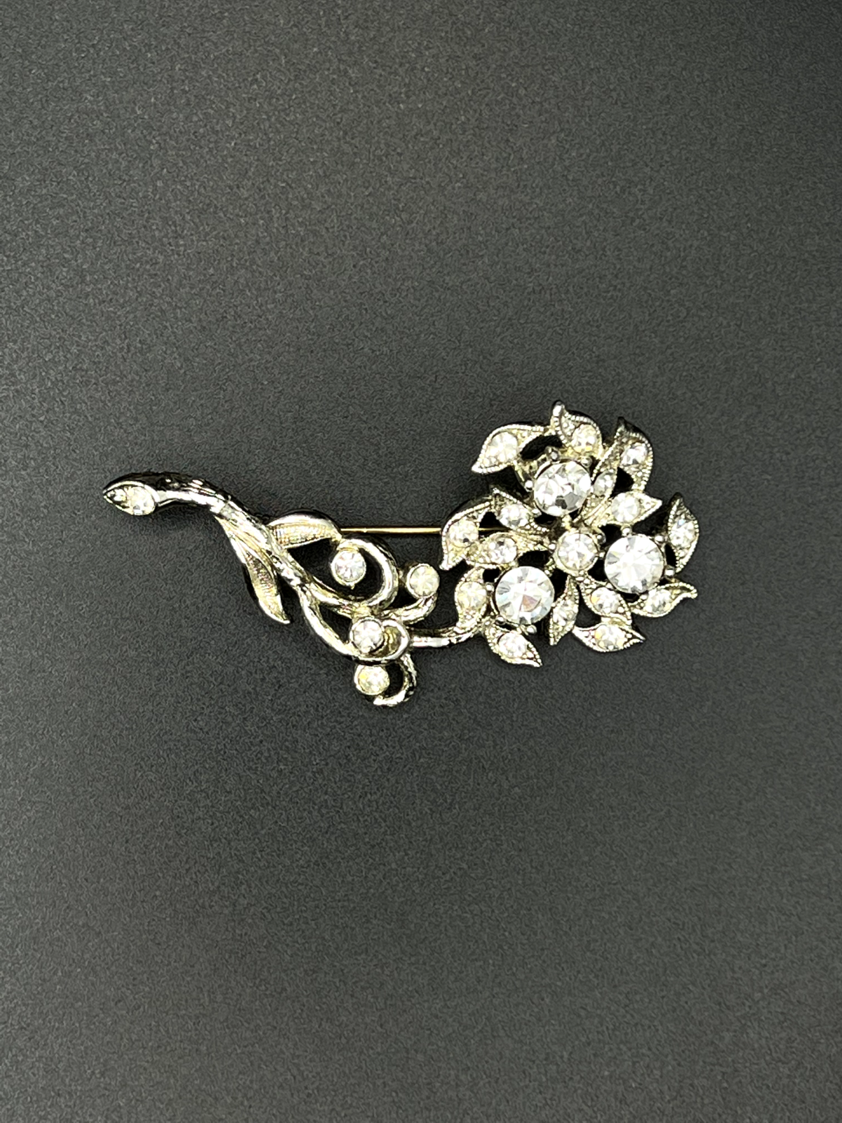 Vintage Silver-Toned Flower with Stem Clear Crystals Sparkling Brooch Pin