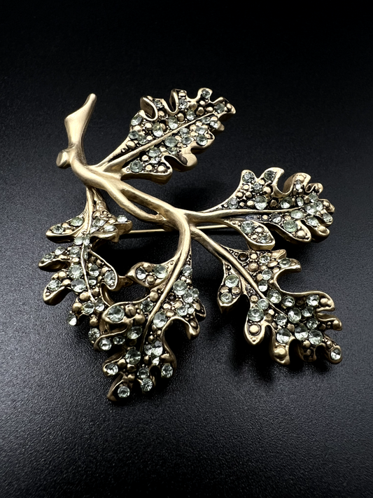 Vintage Deep Gold-Toned Leaf With Pale Blue Rhinestones Brooch Pin