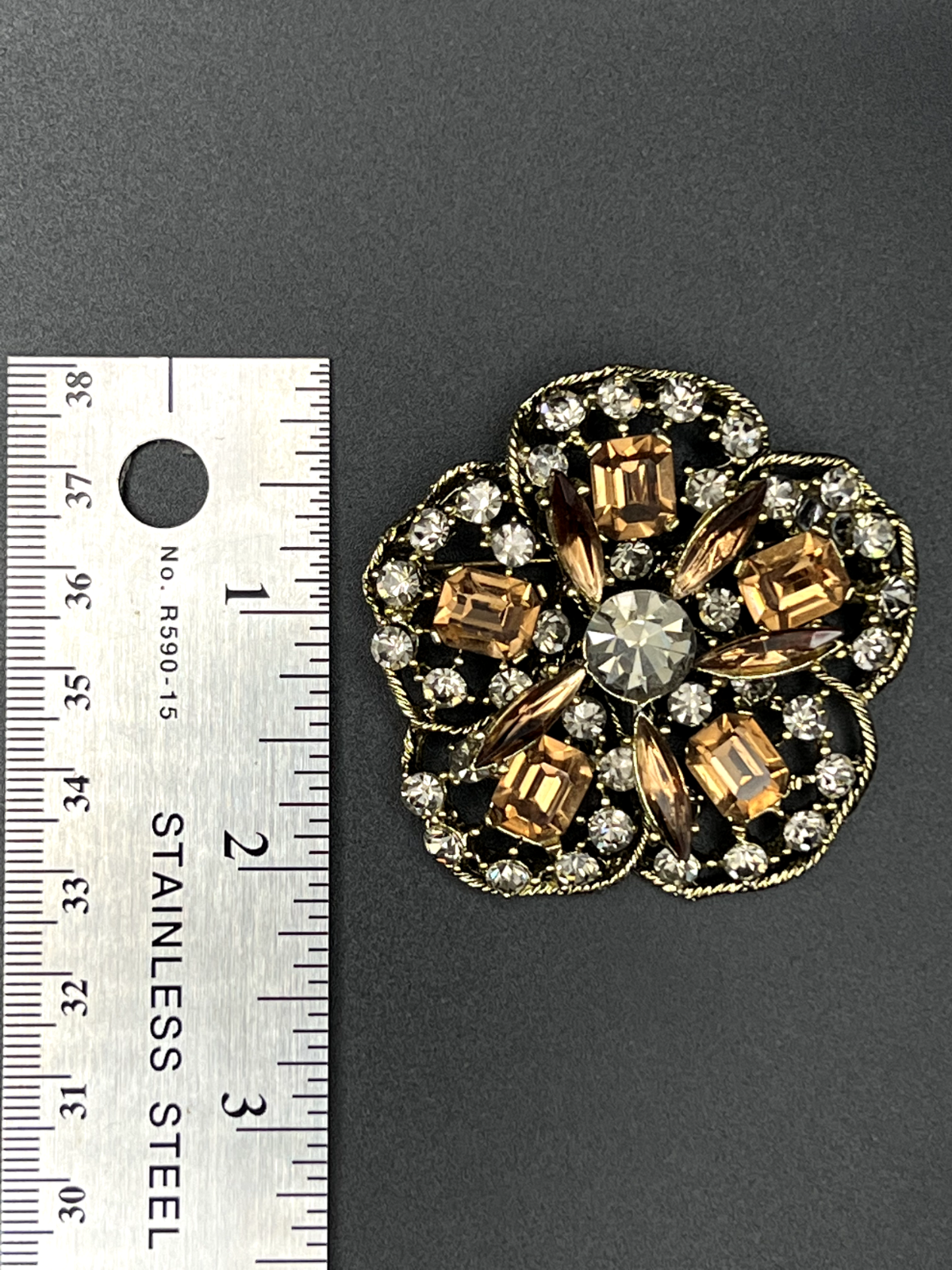 Vintage Unique Gold-Toned Flower With Copper and Gray Rhinestones Brooch Pin