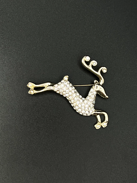 Vintage Gold-Toned Crystal Rhinestone Reindeer  Brooch Pin