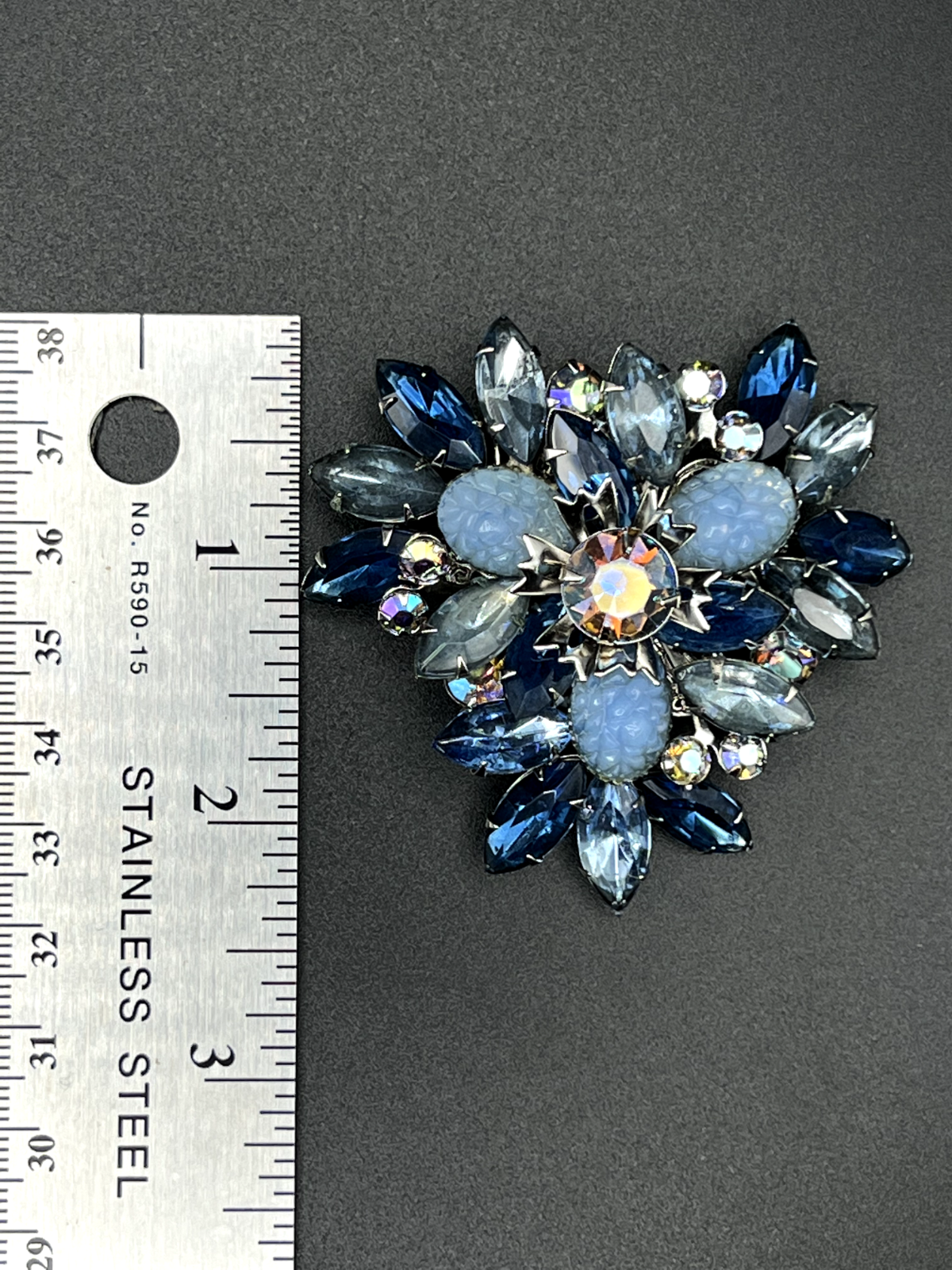 Vintage Rare Styled of JULIANNA Midnight Blue AB Crystals Swedge Brooch Pin