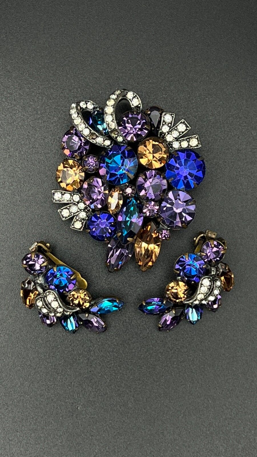 Vintage WEISS Brooch and Clip-On Earrings Set Blue, Purple, Clear & Brown Stones