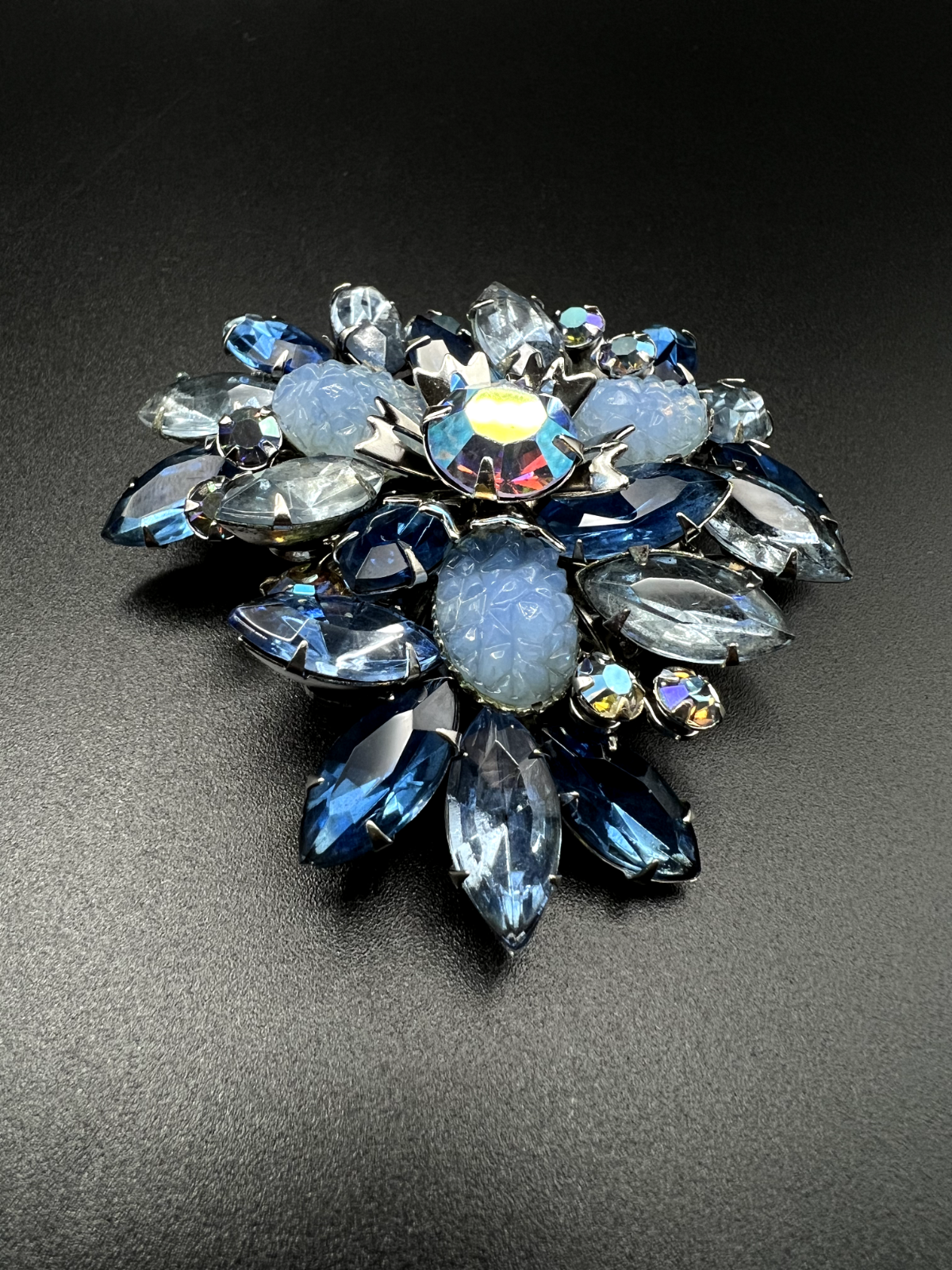 Vintage Rare Styled of JULIANNA Midnight Blue AB Crystals Swedge Brooch Pin