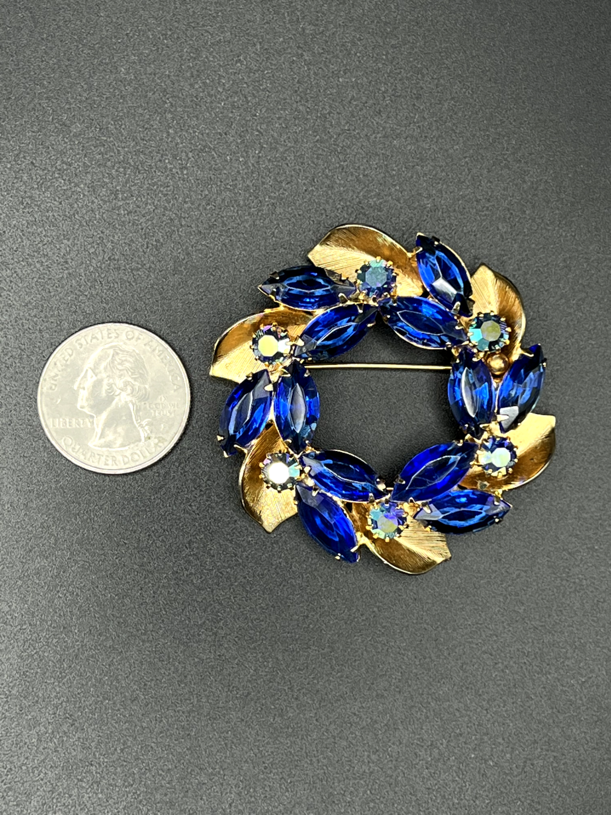 Vintage Large Gold-Toned With Deep Blue AB Rhinestones Brooch Pin