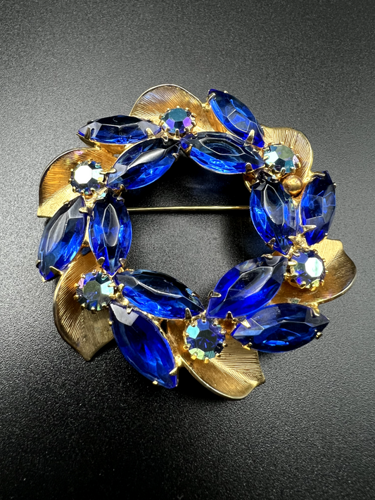 Vintage Large Gold-Toned With Deep Blue AB Rhinestones Brooch Pin