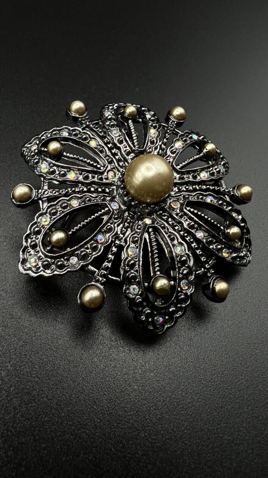 Vintage Dark Metal Faux Champagne Pearl AB Rhinestones Flower Brooch Pin