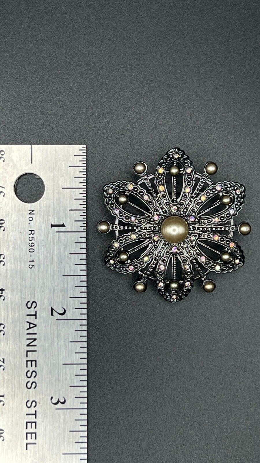 Vintage Dark Metal Faux Champagne Pearl AB Rhinestones Flower Brooch Pin