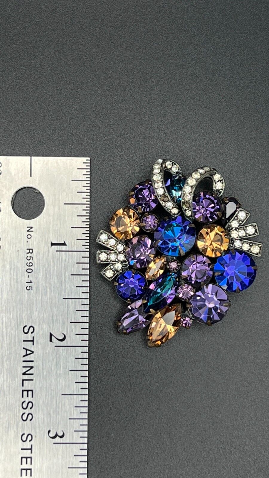 Vintage WEISS Brooch and Clip-On Earrings Set Blue, Purple, Clear & Brown Stones