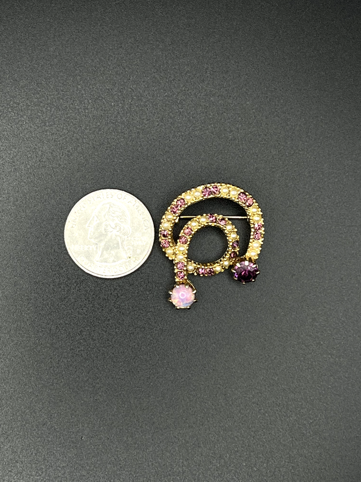 Vintage Spiral Gold-Tone with Purple Rhinestones, Faux Pearls and Opal Brooch