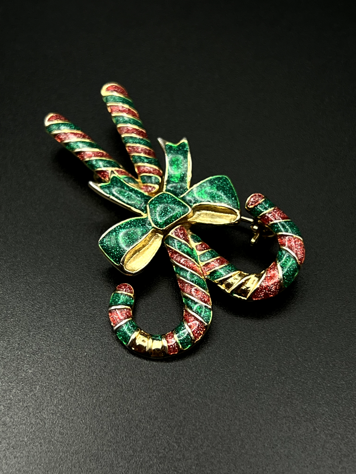 Vintage Green, Red And Gold Enameled Candy Cane Brooch Pin