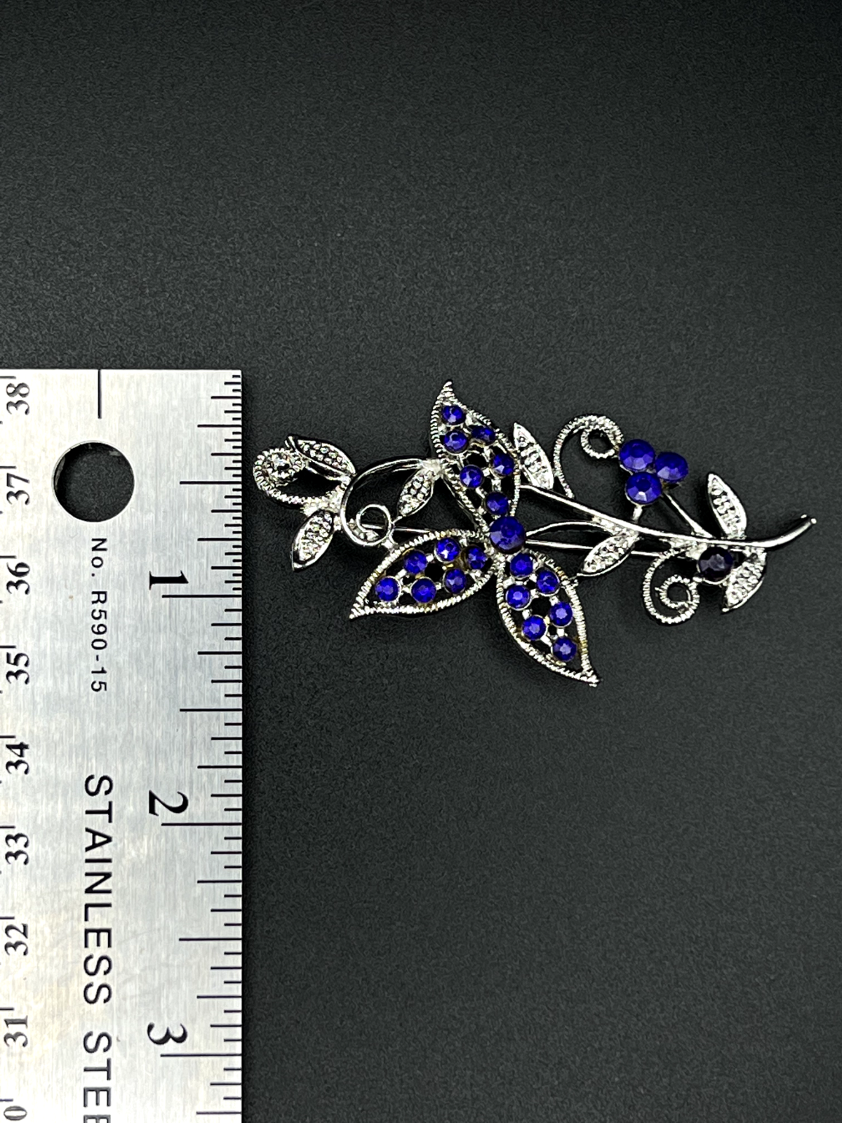 Vintage Silver-Toned Whimsical Flower with Blue and Clear Rhinestones Brooch Pin