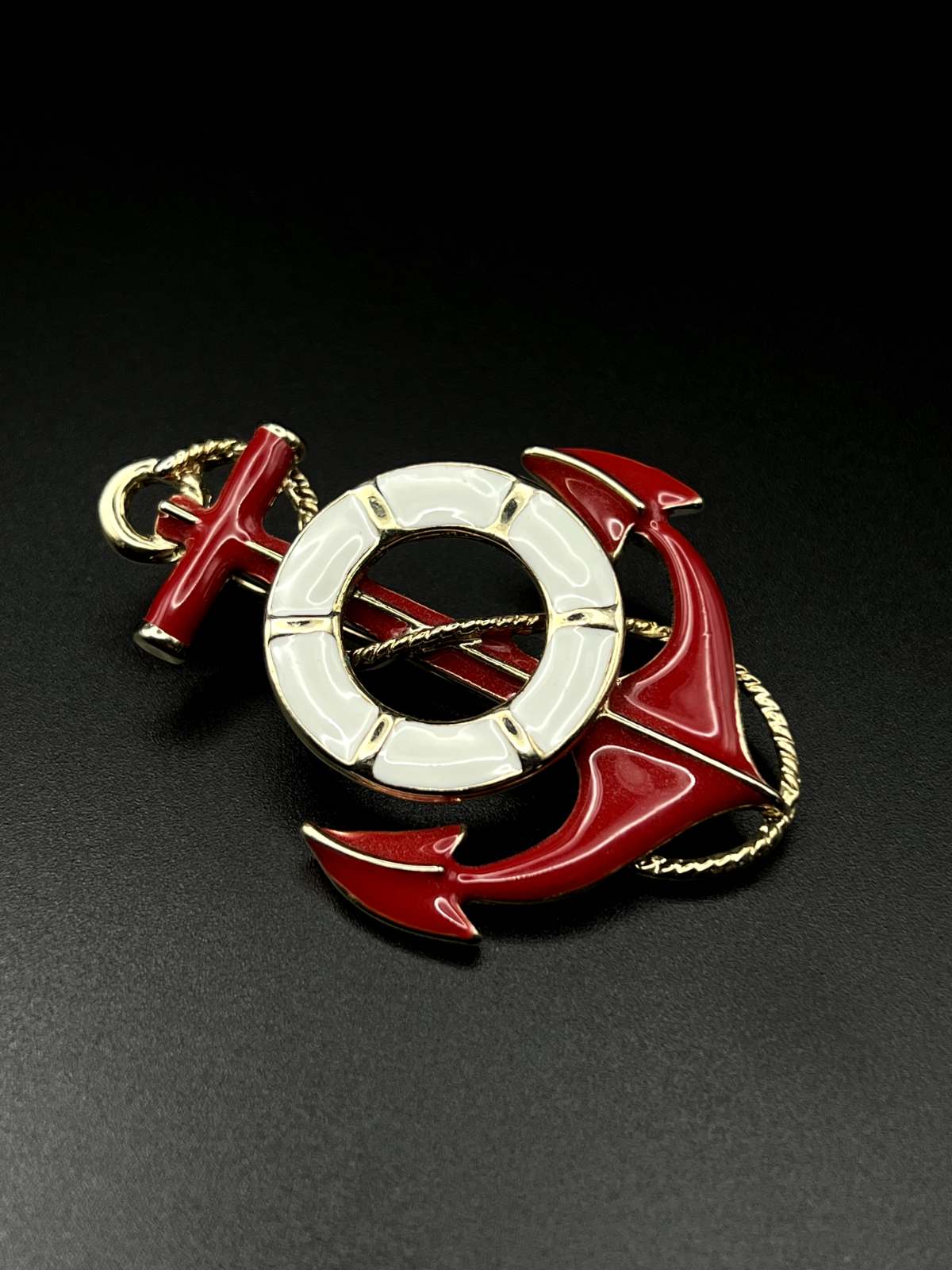 Vintage Enameled Red, White and Gold-Toned Nautical Brooch Pin