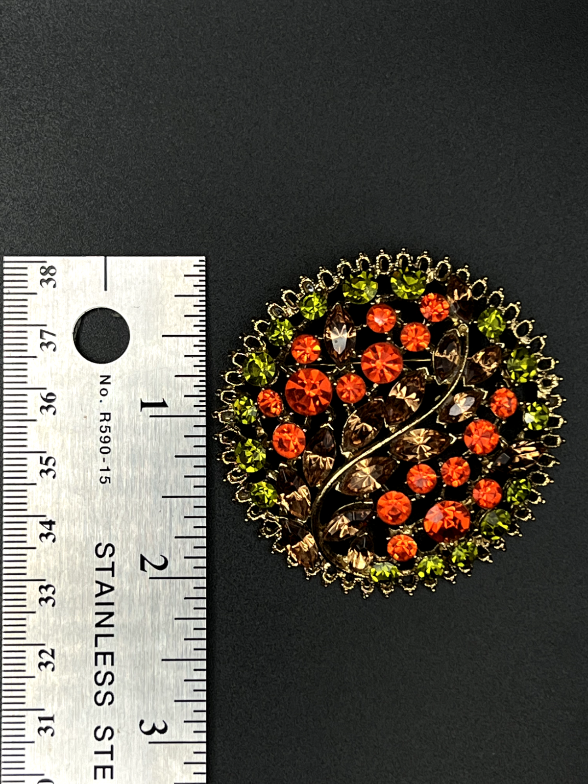 Vintage Brown, Orange, Green and Gold-Tone Circular Brooch Pin