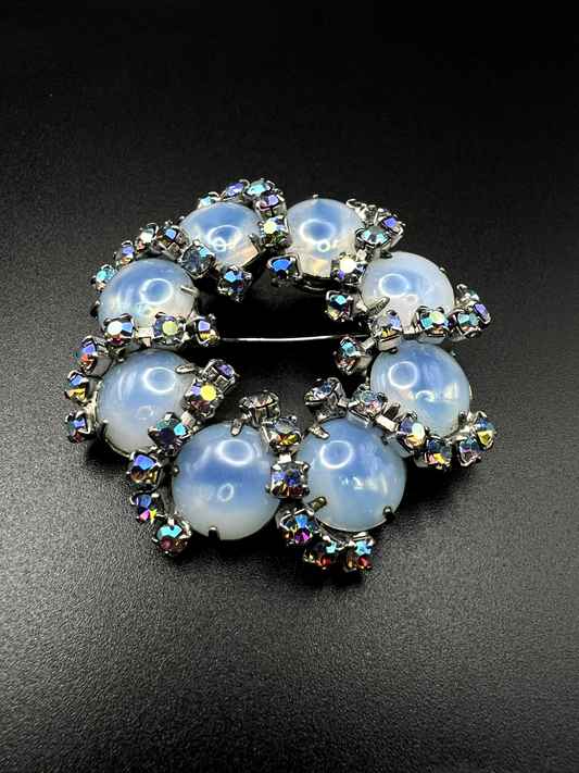 Vintage Lovely AB Blue Rhinestone Silver-Toned Brooch Pin