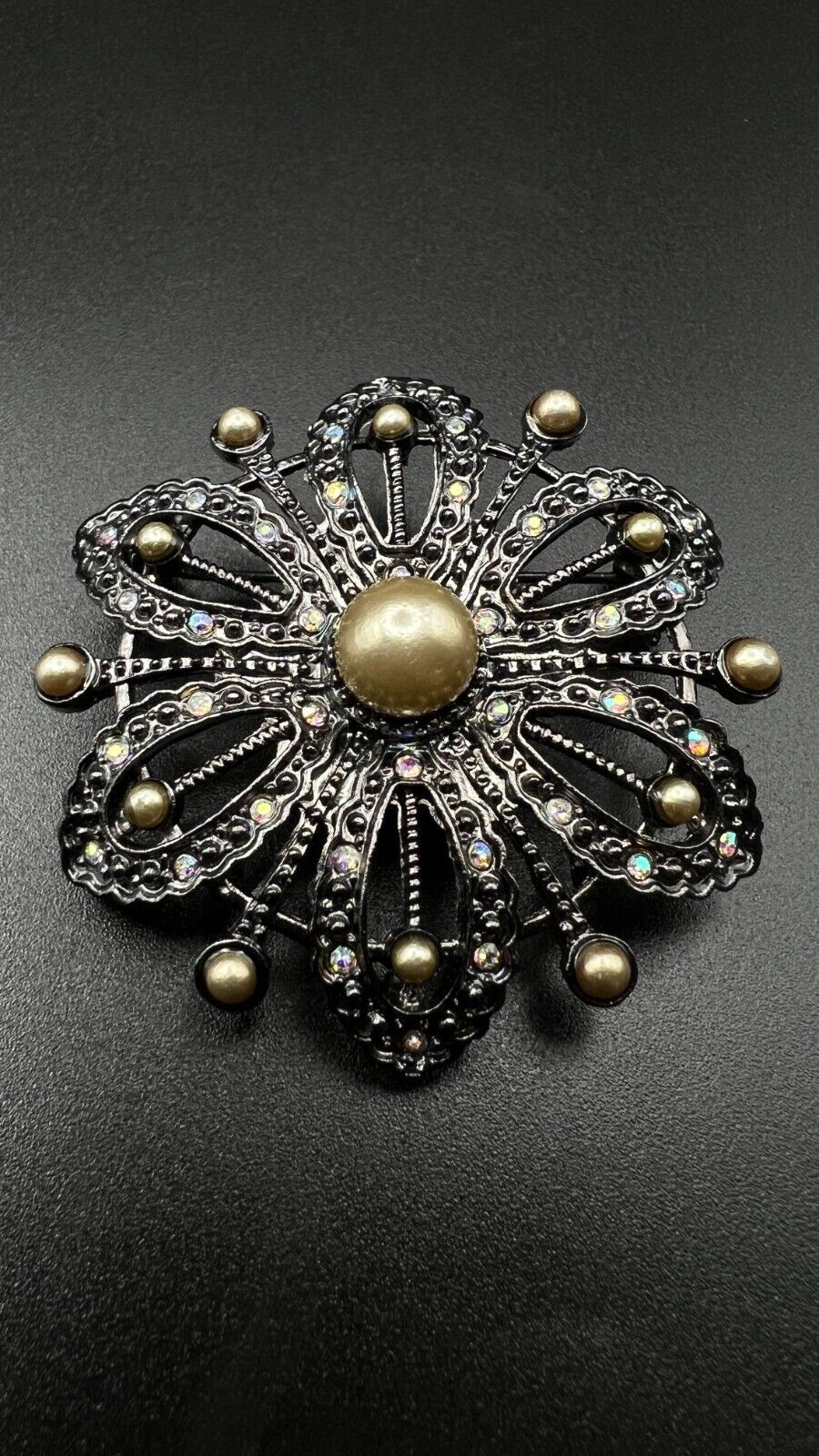 Vintage Dark Metal Faux Champagne Pearl AB Rhinestones Flower Brooch Pin