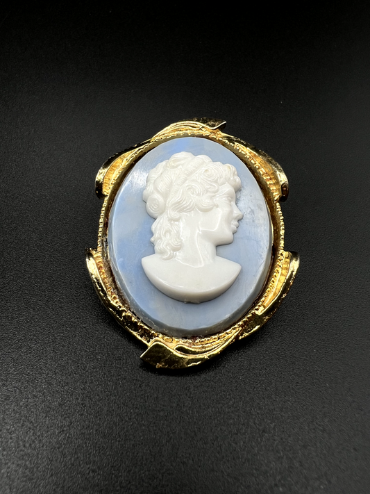 Vintage Raised Gold-Toned Framed White Cameo on a Blue Background Brooch Pin