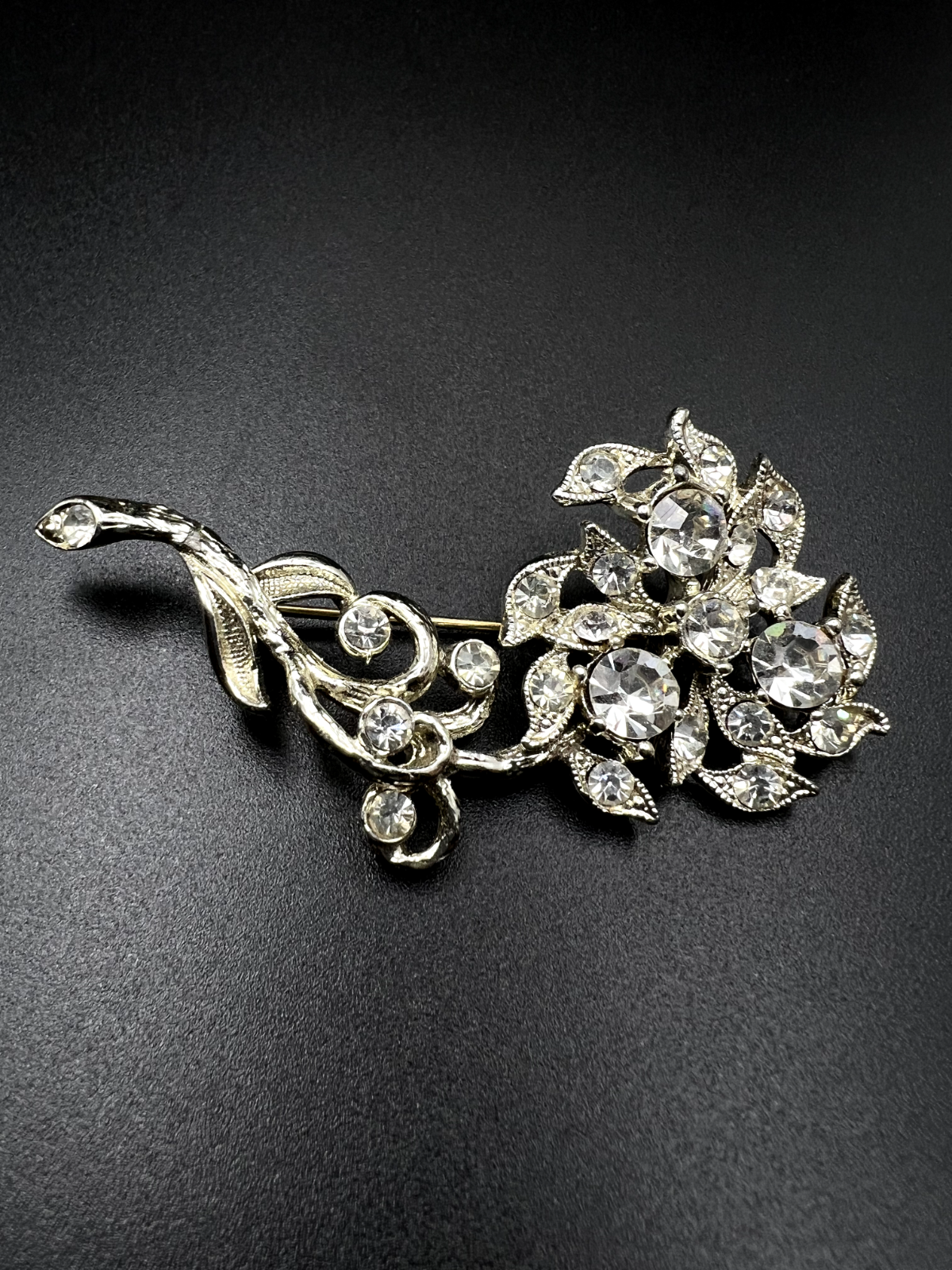 Vintage Silver-Toned Flower with Stem Clear Crystals Sparkling Brooch Pin