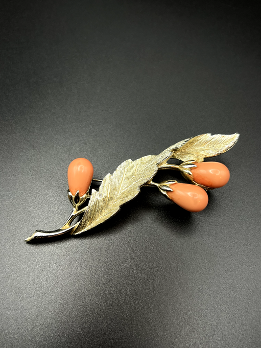 Vintage Sarah Coventry Gold-Toned Faux Orange Coral Leaf Brooch Pin