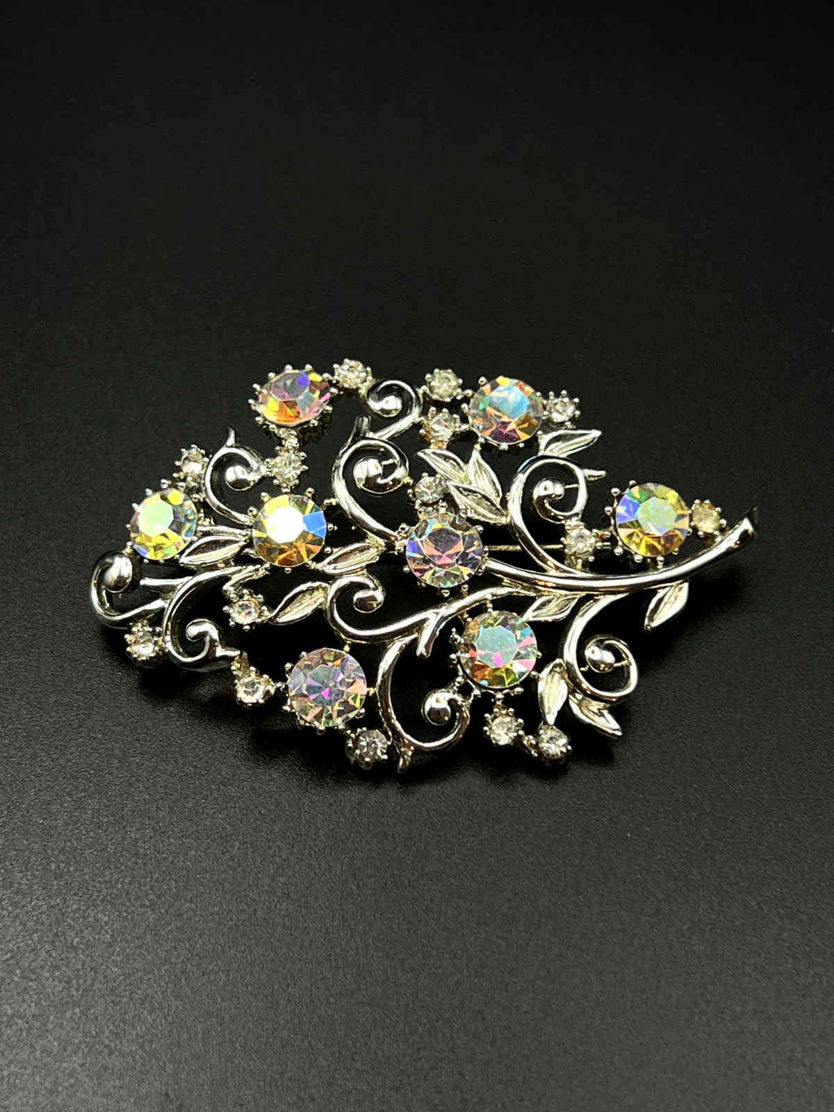 Vintage Beautiful Silver-Toned Aurora Borealis Rhinestones Brooch Pin