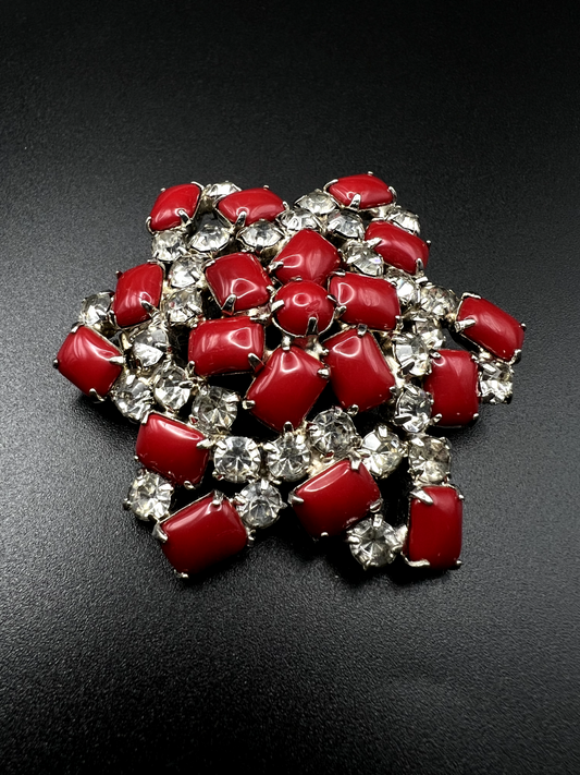 Vintage Classy Silver-Toned With Red And Clear Crystal Stones Brooch Pin