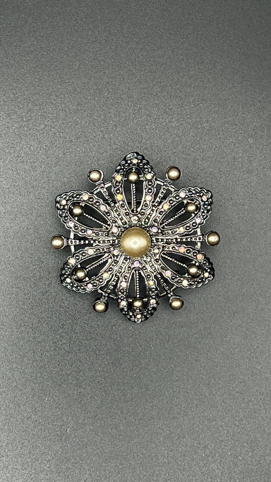 Vintage Dark Metal Faux Champagne Pearl AB Rhinestones Flower Brooch Pin